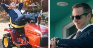 left: paul laying back on a tractor with hands behind head and a big smile. right: paul in a suit and sunglasses with a big smile checking his watch