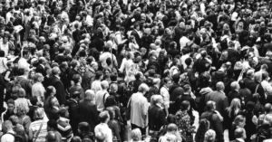 Black and white photo of a large crowd